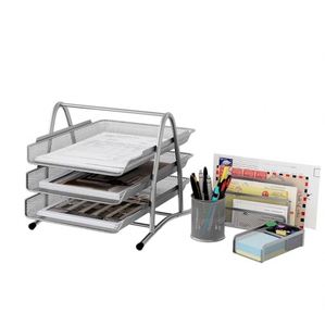 Office Desk Tidy 4 Piece Organiser Set - 3 Tier A4 <b>Filing</b> Tray Pen Pot Sticky Note Holder Letter Sorter Rack - Product Image 2