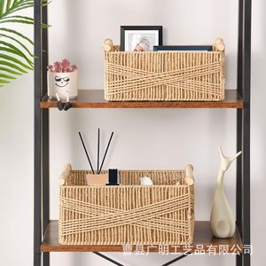 Woven <b>Storage</b> <b>Baskets</b> Rectangle Linen Handmade For Living Room Desktop Cosmetic Organizer - Product Image 1