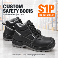 Bottes de sécurité personnalisées S1P EN ISO 20345 en cuir croûte, chaussures de travail montantes avec doublure en maille, bande réfléchissante et double semelle en PU – Vente en gros