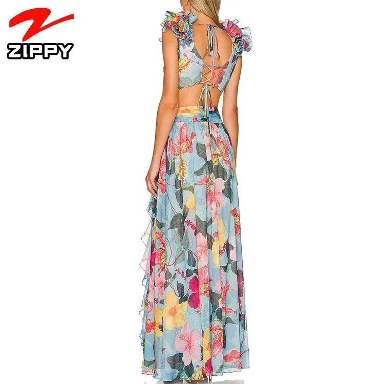 Custom female luxury fashion designer wholesale chiffon lady summer V neck sexy cut out floral print long women dress 2022
