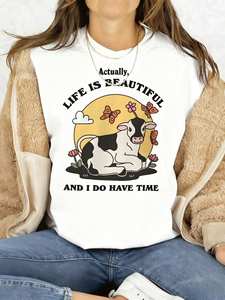 T-shirt da donna a maniche corte in cotone con stampa a lettere, girocollo casual, stile primavera estate - San Valentino - Product Image 3