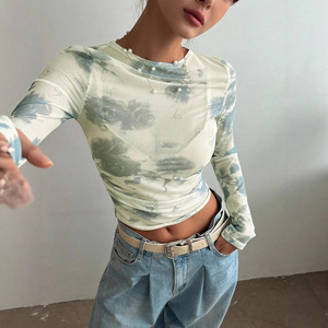 Blusa de Mujer con Estampado Floral de Malla, Cuello Redondo, Ajuste Ceñido, Translúcida, para Uso Diario, Poliéster/Algodón, Transpirable, Manga Ranglán, Casual - Product Image 4