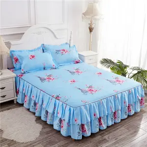 Set rok tempat tidur lapisan ganda, seprai tempat tidur motif bunga dua arah ukuran queen king penuh