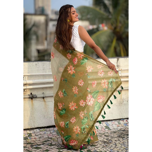 Sari de soirée en coton Chanderi vert Elite Weaves imprimé Pichwai avec bordure tissée Zari - Product Image 5