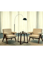 Ensemble trois pièces de salon en bois massif style crème mi-siècle, minimaliste moderne, avec fauteuil simple en noyer à jointure mortaise et tenon