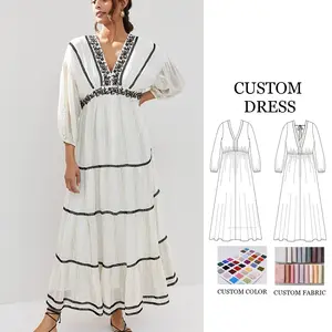 2024 Women's Maxi Dress Boho Long Sleeves Casual Summer Designer Natural Cotton Woven Fabric With Embroidery Floral Print