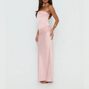 <span class=keywords><strong>Robe</strong></span> de soirée de mariée en satin rose sans bretelles avec dentelle pour femme - Product Image 3