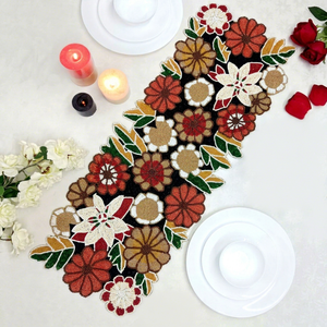 Chemin de table en tissu floral de luxe fait main, design chinois traditionnel personnalisé, motifs rouge, jaune et blanc, tapis et sous-plats écologiques - Product Image 1