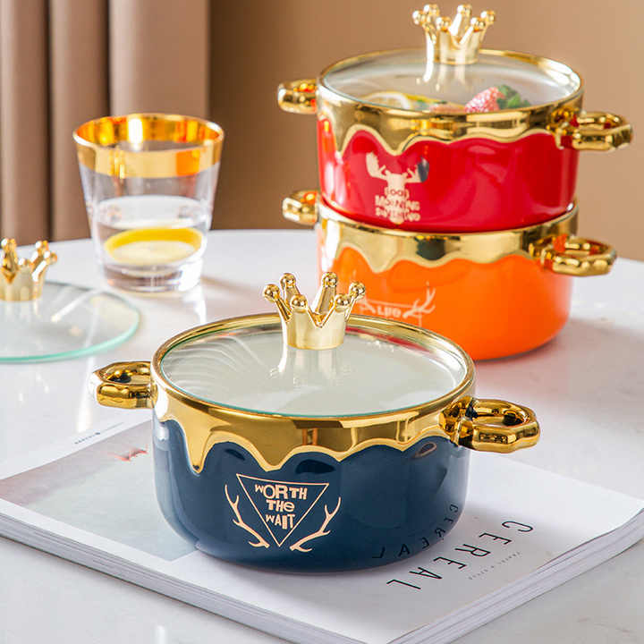 Binaural Instant Noodle Bowl Color Glazed Ceramic Bowls With Lid and Chopsticks Spoon