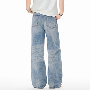 Nouveau pantalon long <span class=keywords><strong>vintage</strong></span> délavé et vieilli, coupe droite ample à jambes larges, style streetwear américain - Pantalon en jean bleu de haute qualité - Product Image 6