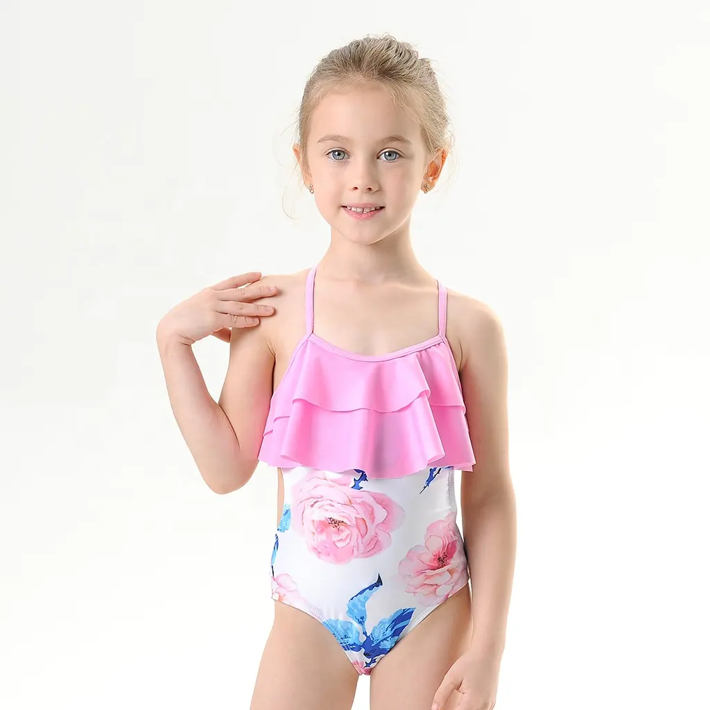 Mới 2022 Kid Pink Thoải Mái Sling Bộ Bikini Một Mảnh Dễ Thương Bộ Đồ Đi Biển Cô Bé Halter Áo Tắm Trẻ Em Ruffle Đồ Bơi