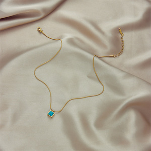 European American Fashion Minimalist Square Turquoise Pendant Stainless Steel Spiral Chain Necklace Geometric Design - Product Image 3