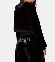 Ensemble sweat-shirt à capuche vintage en molleton gris avec strass et pantalon de survêtement évasé en velours taille plus pour femme