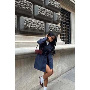 Gabardina de Mujer Osanna Azul Marino, Estampada, Impermeable, de Cuero, Estilo Casual, con Cierre de Cinturón, Algodón Cachemir, Personalizada para Primavera Invierno - Product Image 3