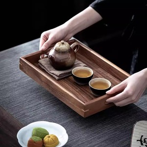 High-grade walnut wood handle rectangular wooden <b>tea</b> <b>tray</b>, Japanese style solid wood household coffee tableware storage plate - Product Image 4
