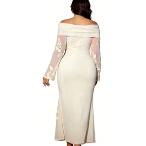 Robe longue maxi pour femme grande taille à épaules dénudées avec broderie florale et manches transparentes – Robes de soirée élégantes - Product Image 6