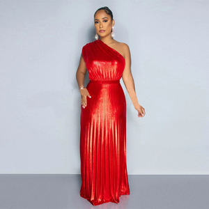 <span class=keywords><strong>Vestido</strong></span> Largo Metálico de Un Solo Hombro con Pliegues para Mujer, <span class=keywords><strong>Vestido</strong></span> de Noche sin Mangas, <span class=keywords><strong>Vestido</strong></span> Brillante para Fiesta, Graduación o Evento Formal - Product Image 3