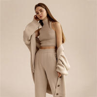 Ensemble Pull Personnalisé 3 Pièces en Cachemire Tricoté Sexy, Gilet Col Montant, Pantalon Long, Cardigan, Tricot Grande Taille pour Femme