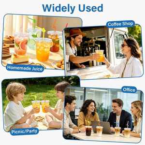 Gobelets en plastique jetables transparents à fond rond de 16 oz avec couvercles et pailles décoratives colorées pour café glacé et boissons froides - Product Image 4