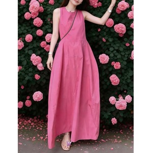 Nuovo Abito Lungo Estivo 2026 all'Ingrosso Minimalista Senza Maniche Stile Francese Chic a Vita Alta Ampio in Misto Cotone Rosa Linea A per Resort - Product Image 4