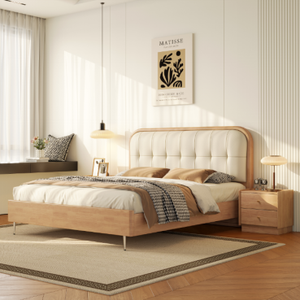 Minimalist Rubber Wood <b>Queen</b> <b>Bed</b> <b>Frame</b> Faux Leather Upholstered Headboard Durable Construction Storage Drawers Customizable <b>Size</b> - Product Image 3