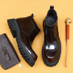 Botas de cuero genuino con suela gruesa y punta ancha para hombre, estilo Chelsea de caña alta, con cremallera lateral brillante, estilo ejecutivo, para otoño - Product Image 4