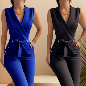 SJ7764 Design estivo eleganza da ufficio donna senza maniche scollo a v di alta qualità tute di un pezzo pantaloni neri Slim Fit - Product Image 3