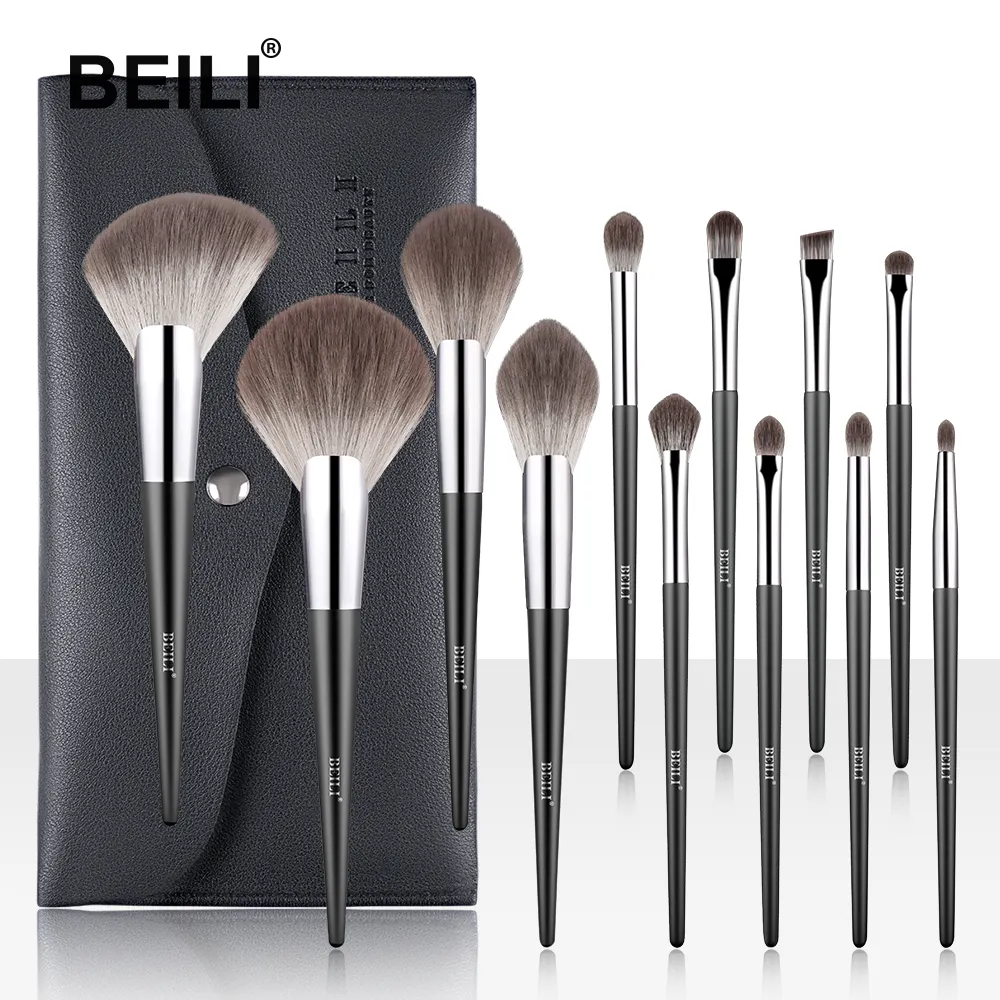 BEILI 2022 New design Black 12pcs brushes set soft nano wool fiber material slim bright black wood handle silver brushes makeup