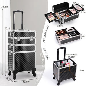 กระเป๋าเครื่องสำอางแบบมีล้อ 3-in-1 ขนาดใหญ่ พร้อมล้อเลื่อน รถเข็นช่างทำผม รถเข็นร้านเสริมสวย รถเข็นเดินทางสำหรับช่างตัดผม กล่องใส่เครื่องสำอางสำหรับทำเล็บ - Product Image 6