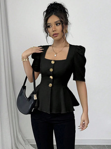 Blusa Negra Elegante de Verano 2026 para Mujer, OEM, con Logotipo Personalizado, Cuello Cuadrado, Manga Corta, Botones, para el Mercado Europeo y Americano - Product Image 2