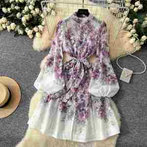 Spring American Style Stand Collar Tunic Casual Midi Dress Women Lantern Sleeve Empire Digital Printing Lace Woven Eco-Friendly - Product Image 4