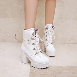 Botines Blancos para Mujer, Parte Superior de PU, con Cordones, Punta Redonda, Tacón Grueso, Plataforma, Aumentan la Altura, Estilo para Todas las Temporadas, Envío Directo - Product Image 1