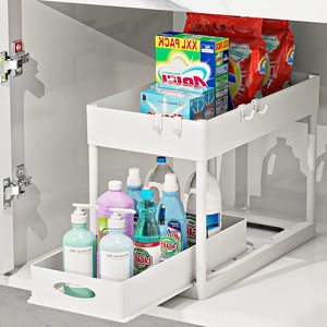 Étagère de rangement double couche avec <span class=keywords><strong>tiroir</strong></span>, paniers de cuisine extractibles avec crochets pour salle de bain - Product Image 2