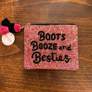 Sac à main rectangulaire brodé « Boots Booze And Besties », artisanat textile fait main, cadeau de fête - Product Image 1