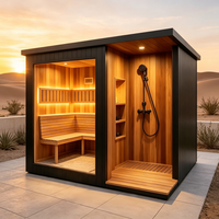 Kabin Sauna Inframerah Jauh Modern Mewah untuk Luar Ruangan dengan Kamar Mandi dan Dek Kayu Cedar Merah untuk 4 Orang, Perlengkapan Lengkap untuk Kesehatan di Taman