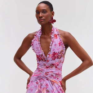 Elegante cuello Halter Floral Ruffle Maxi vestido sin mangas de flores sin espalda Slit Beach Holiday Party vestido largo ropa de mujer - Product Image 3