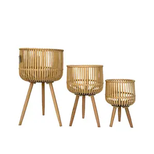 Plant pot Home Decor 3PCS Handmade Designer Wood Bamboo Flower Planter Basket With Plastic Film Lining With Strap leg