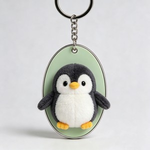 Porte-clés pingouin en peluche personnalisé, mignon, doux, avec cadre ovale vert, cadeau unisexe pour enfants et adultes - Product Image 1