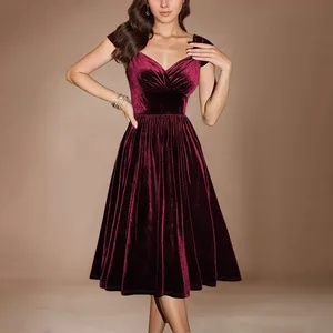 Abito lungo da donna in <span class=keywords><strong>velluto</strong></span> <span class=keywords><strong>bordeaux</strong></span> a spalle scoperte, elegante e aderente, con gonna svasata, ideale per serate (ODM) - Product Image 1