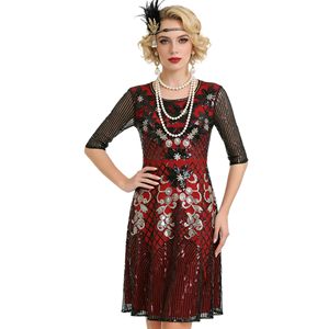 1920s Vintage <b>Sequined</b> Mesh Dress Women Plus Size A-Line Scoop Neck Black Gold Club Dress - Product Image 4