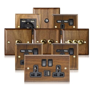 Prises Électriques Murales Universelles Double USB Norme UK avec Interrupteur à Bascule et Prise, Panneau en Laiton Rétro en Bois de Noyer Noir pour la Maison - Product Image 1