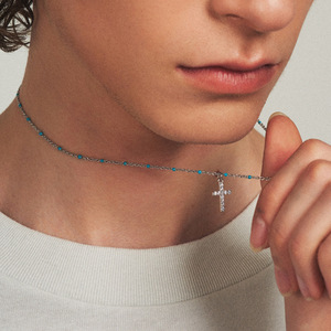 Collana con Croce in Argento Sterling S925, Turchese Smaltato <span class=keywords><strong>e</strong></span> Perline Placcate Oro, <span class=keywords><strong>Gioielli</strong></span> Minimalisti per Uomo <span class=keywords><strong>e</strong></span> Donna - Product Image 1