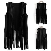 Veste ethnique sans manches en Faux daim pour femmes, longue frange glands Cardigan Vintage cowboy gilet gilet