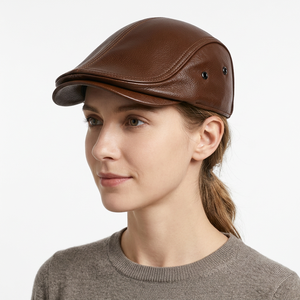 Gorra plana de cuero PU marrón estilo vintage con patrón de cocodrilo en relieve y costuras en contraste, estilo vintage para hombre, uso casual. - Product Image 6