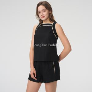 Camiseta Corta sin Mangas de Algodón y Lino Personalizada para Mujer, Camiseta a Rayas Transpirable de Corte Ajustado para Mujer - Product Image 1