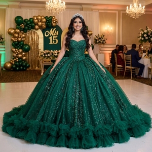 Rsm261029 Stunning Strapless Sweetheart Glitter Sequin Tulle Bow Ruffle Emerald Green <b>Ball</b> <b>Gown</b> Quinceanera Dress Jancember - Product Image 1