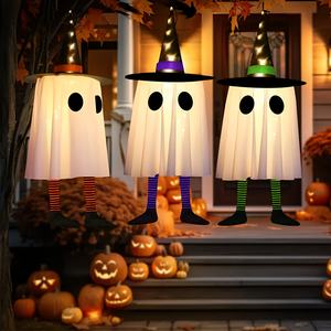 Luz colgante de fantasma de Halloween con luces LED de cadena con forma de sombrero de bruja, 3 modos de iluminación, funciona con pilas, adecuada para patio exterior - Product Image 5