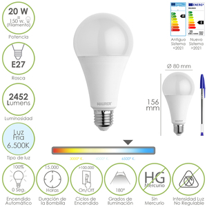 Lampadina LED standard, attacco a vite E27. 20 Watt. Equivalente a 150 Watt. 2452 Lumen. Bianco Freddo (6500K). - Product Image 1