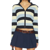 Cardigan Femme Personnalisé OEM en Gros, 100% Coton, Col Zippé, Rayé, Tricot Ouvert, Style Preppy, Boutique Sportive, Pulls Tricotés pour Femmes