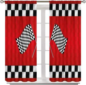 Rideaux pour enfants à thème voitures de course et véhicules de construction pour chambre de garçons, avec drapeaux de course rouges, lot de 2 panneaux - Product Image 1